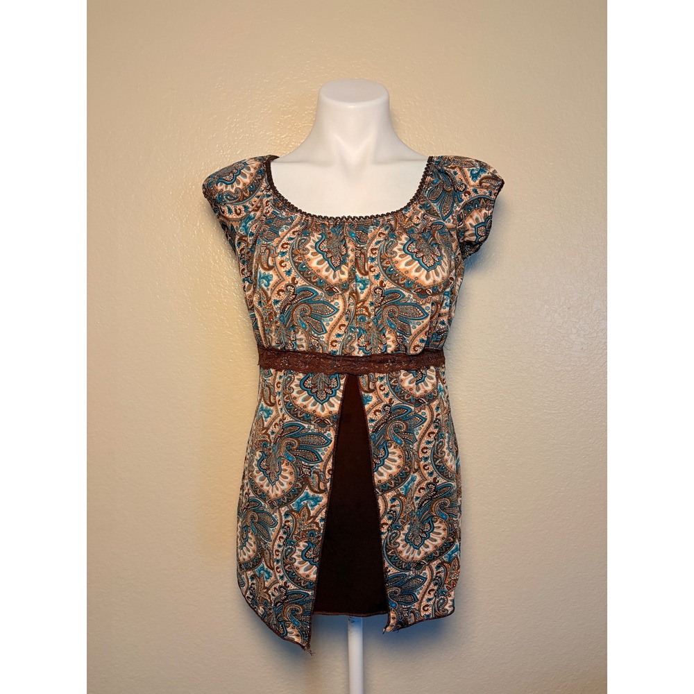 Y2K Agenda Paisley Empire Waist Tunic Top Brown Teal Lace Trim Cap Sleeve M #11